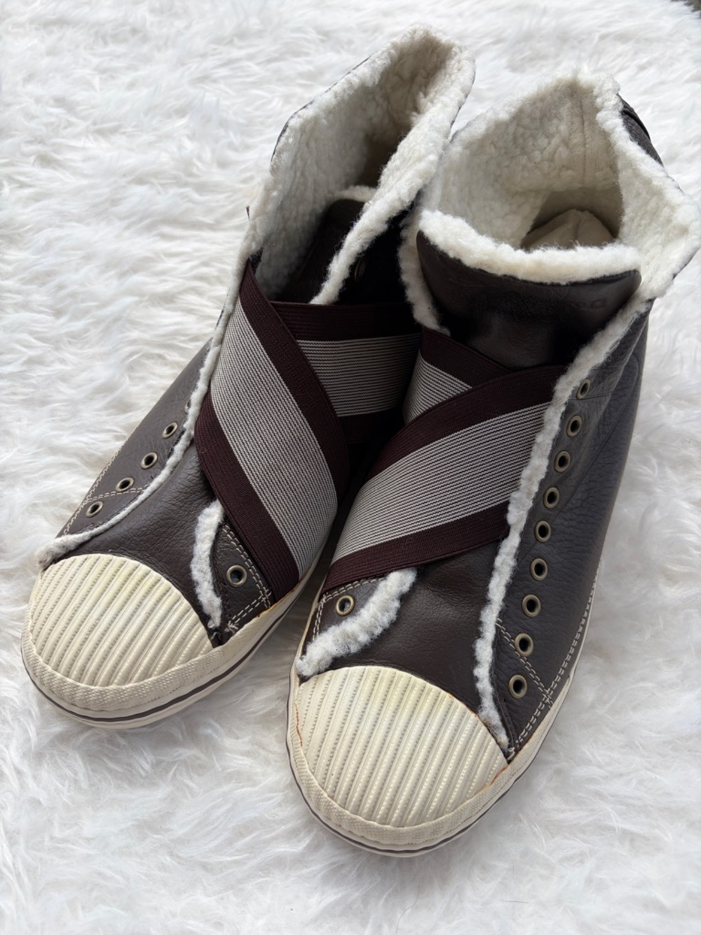 Brand new. Tretorn Brown High-Top Shearling-Lined Sneakers with Cream Trim